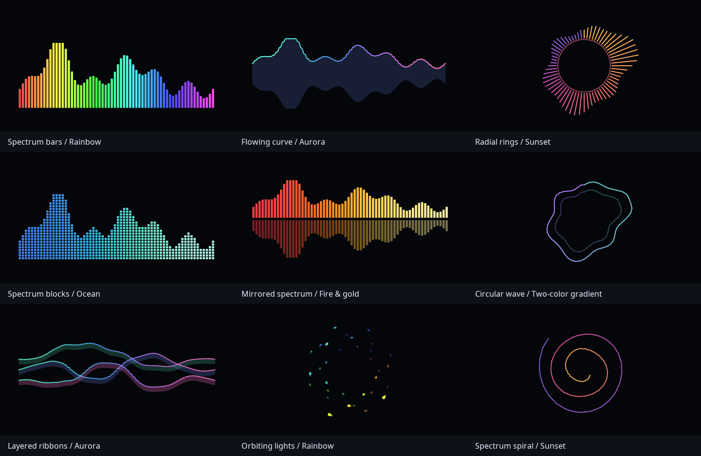 Nine audio visualization previews: spectrum bars, flowing curve, radial rings, blocks, mirrored spectrum, circular wave, layered ribbons, orbiting lights and spiral, using several color palettes