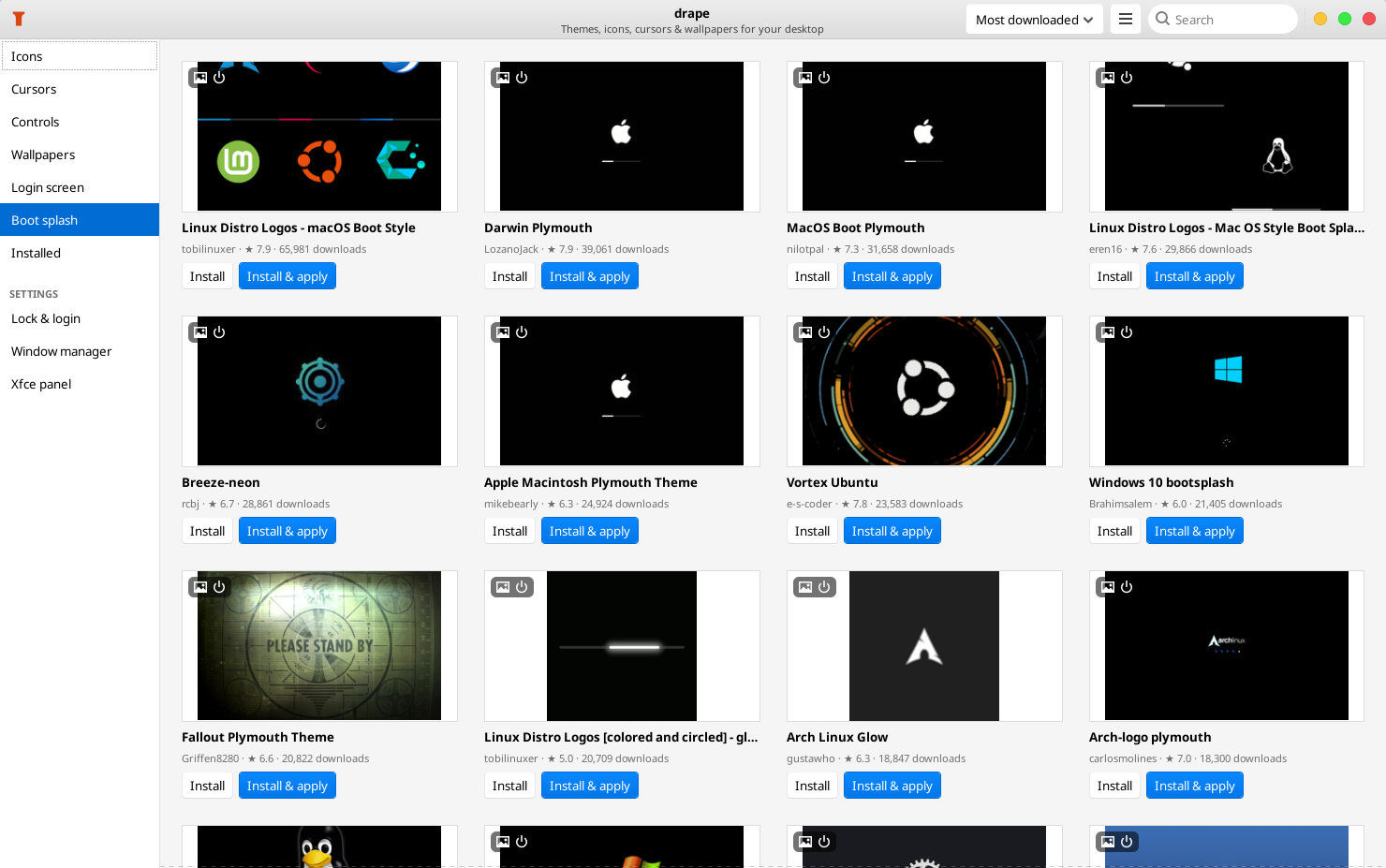 The Boot splash tab showing Plymouth themes such as Darwin, MacOS Boot and Vortex Ubuntu