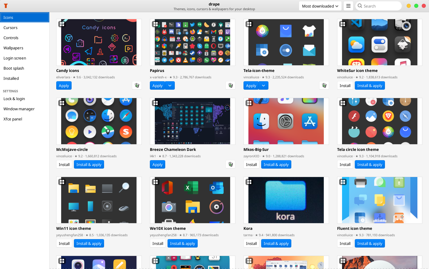 Drape browsing icon themes with previews and install controls