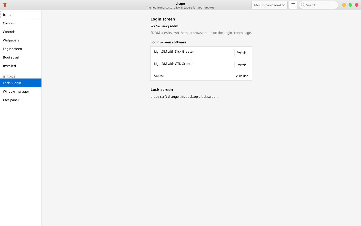 Drape showing login screen settings and available login screen software