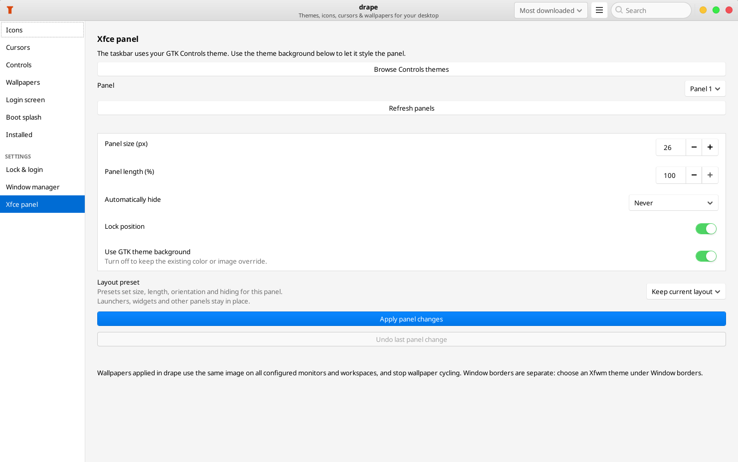Xfce panel settings for size, length, automatic hiding, theme background and layout presets